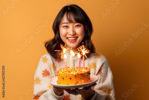 Asian woman with colorful cake celebrating birthday. Cheerful and happy face. Generative AI
