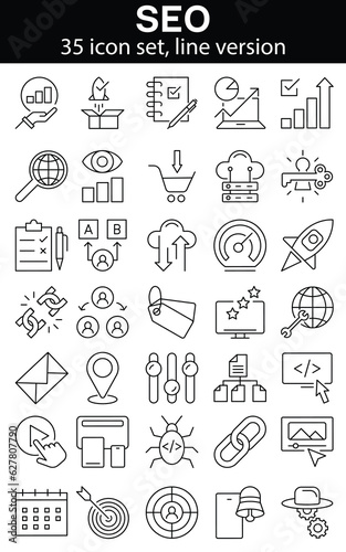 Search Engine Optimization - SEO thin line icons set. SEO icon collection. Web Development and Optimization icons. Vector illustration
