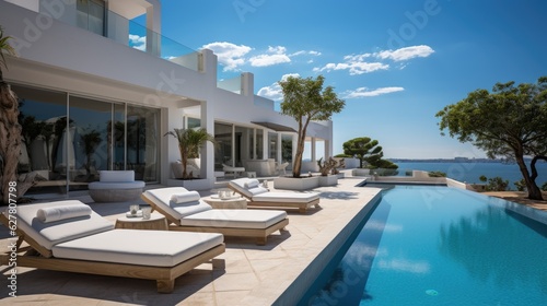 Sea view luxury modern white beach hotel with swimming pool. Generative AI © piai