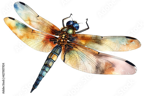 Watercolor dragonfly illustration on white background
