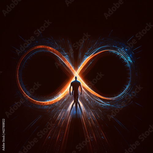 Luminous Multicolored Infinity: Man Gazing into Futuristic Symbol