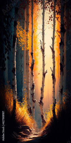 Enchanted Twilight: Majestic Trees and Serene Stream Embraced by Golden Sunset