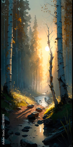 Majestic Evening Glow: Serene River, Towering Trees, and Sunset's Radiant Embrace