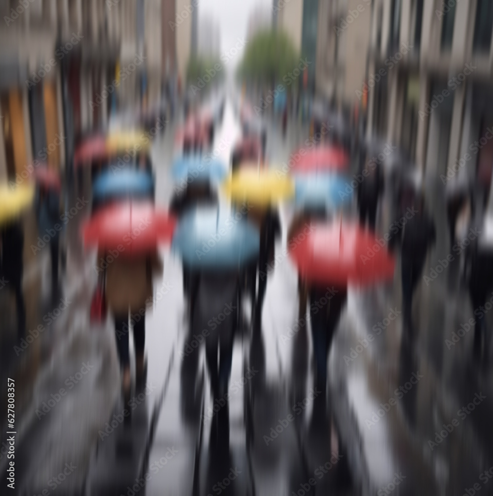 Blurred people walking under umbrellas on the rainy street