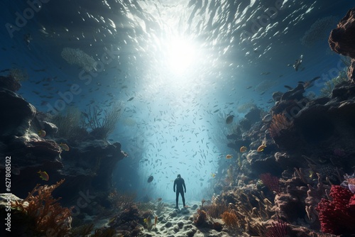 Photograph of people diving on preserved coral reefs  Generative AI