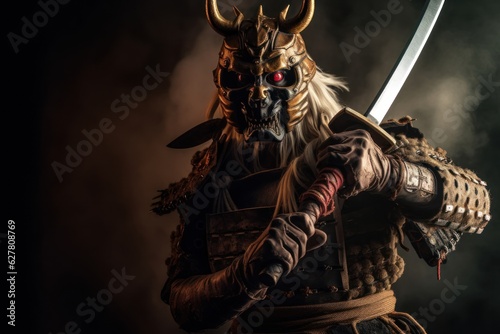 Warrior wearing japanese demon ori mask in a dramatic scene, traditional warrior armor concept generative ai photo