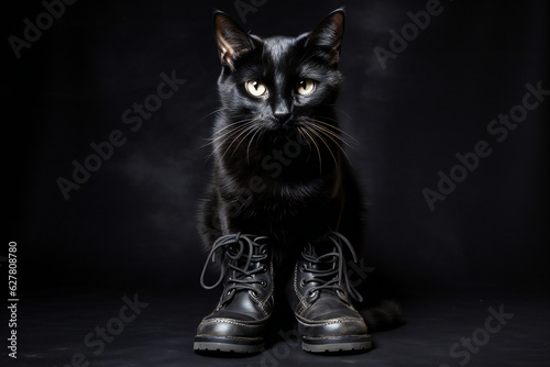 Black cat wearing boots. Generative AI