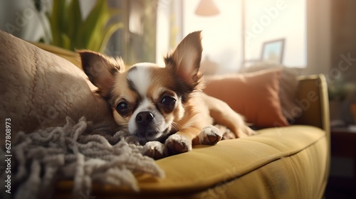 chihuahua puppy sitting on a sofa