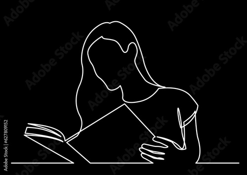 continuous line drawing vector illustration with FULLY EDITABLE STROKE of reader person reading book school library concept logo on black background