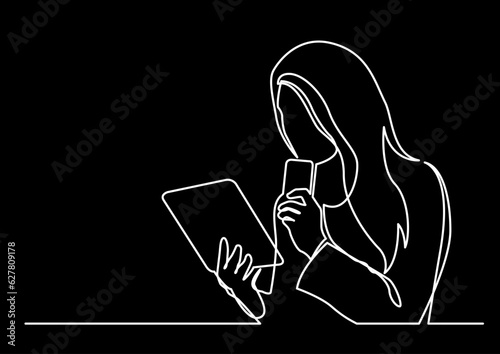 continuous line drawing vector illustration with FULLY EDITABLE STROKE of reader person reading book school library concept logo on black background