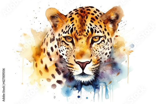Watercolor leopard portrait illustration on white background