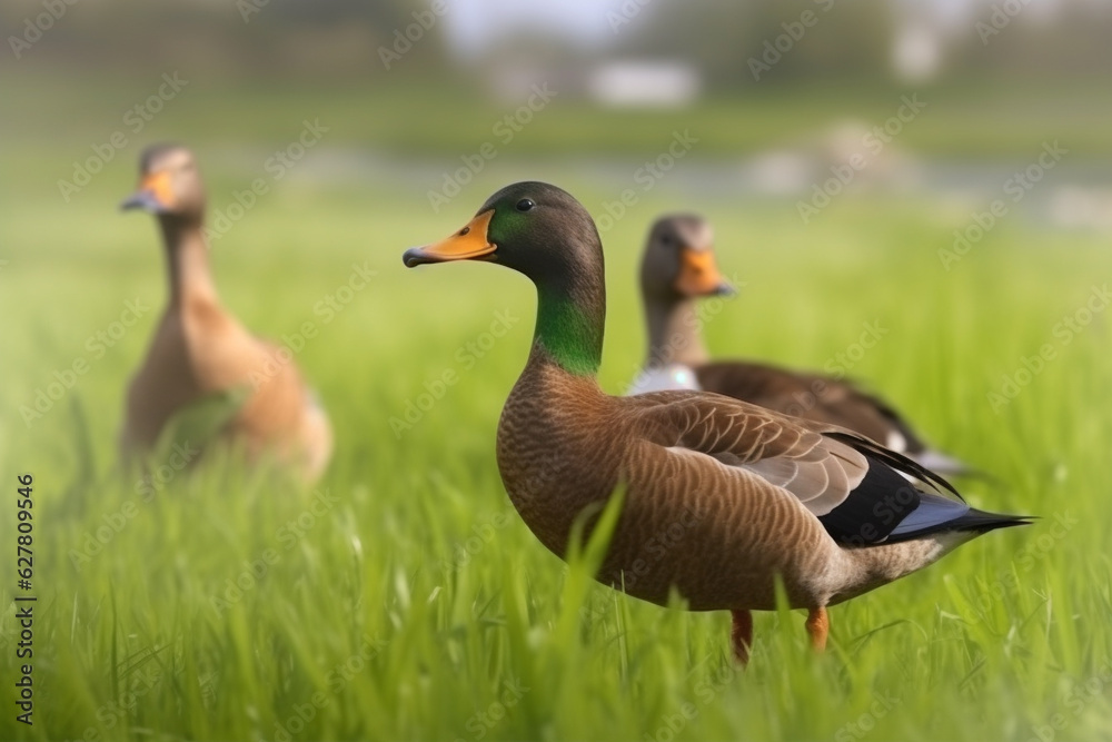 Happy ducks roaming free on farm meadow. Farm animal welfare and care. Generative Ai Happy ducks roaming free on farm meadow. Farm animal welfare and care. Generative Ai
