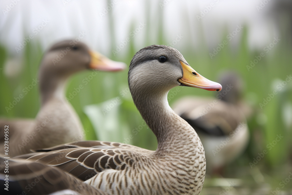 Happy ducks roaming free on farm meadow. Farm animal welfare and care. Generative Ai Happy ducks roaming free on farm meadow. Farm animal welfare and care. Generative Ai