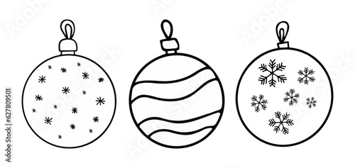 Three Christmas decorations hand drawn, silhouette of Christmas tree decoration, set of Christmas balls