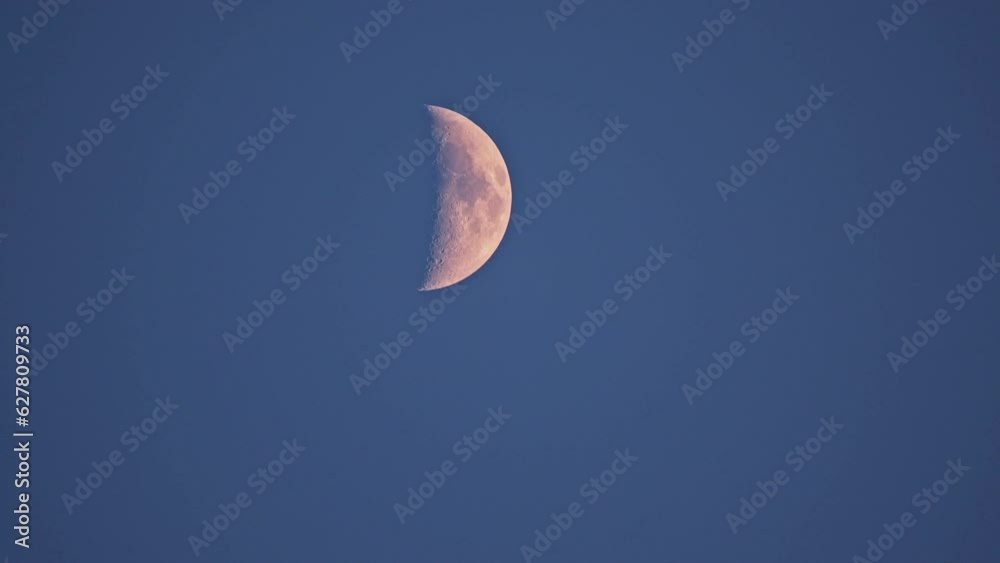Moon in First Quarter Phase viewing detail of the craters at sunset with blue sky. Moon in First Quarter Phase viewing detail of the craters at sunset with blue sky.