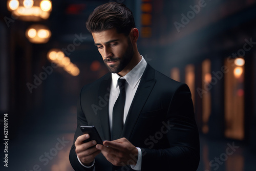 A handsome man holds a smartphone in his hands. AI generative. © Iaroslav