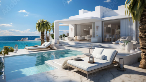 Sea view luxury modern white beach hotel with swimming pool. Generative AI © piai