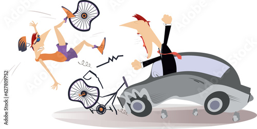 Traffic accident. Bike accident - collisions with car. Automobile knocking down man riding on bike. Road collision with cyclist involved