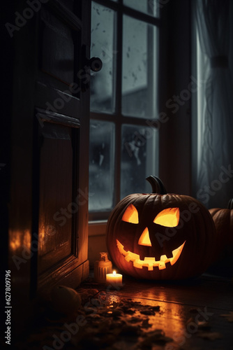 Jack-o-lantern Halloween pumpkin on front porch. Festive home decorations. Generative AI