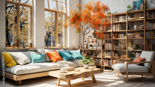 3D Render Creating a Cozy and Beautiful Living Room: Design Ideas with Vintage Pop Color and Mid Century Modern Style for Resident's Relaxation in Sunny Light.