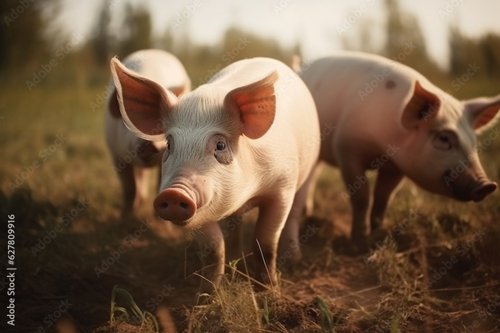 Happy pigs roaming free on farm meadow and mud. Farm animal welfare and care. Generative Ai Happy pigs roaming free on farm meadow and mud. Farm animal welfare and care. Generative Ai