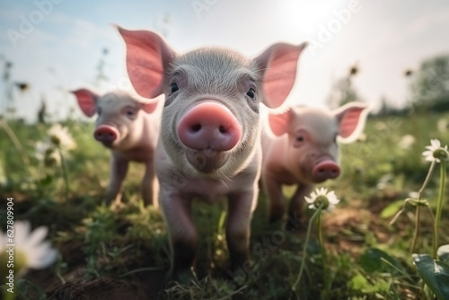 Happy pigs roaming free on farm meadow and mud. Farm animal welfare and care. Generative Ai © marcin jucha