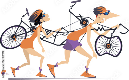 Tired cyclists man and woman carrying a broken tandem bike.
Tired cyclists man and woman carrying a broken tandem bike on the shoulders
