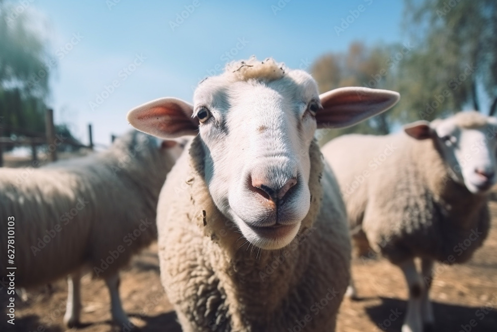 Happy sheep roaming free on farm meadow . Farm animal welfare and care. Generative Ai