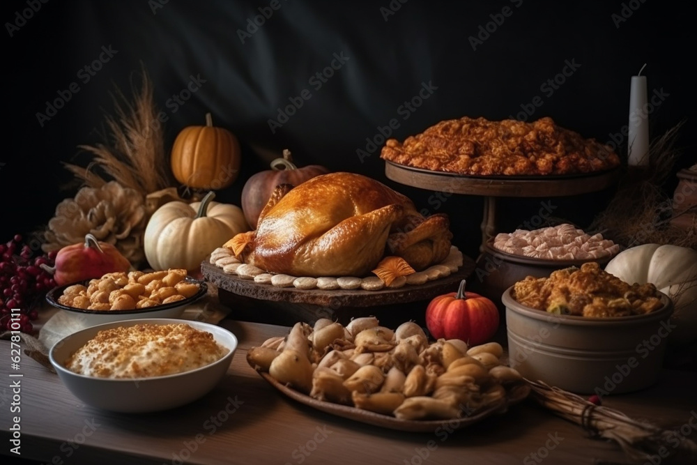 Thanksgiving or Christmas festive food on wooden table. Generative AI Thanksgiving or Christmas festive food on wooden table. Generative AI