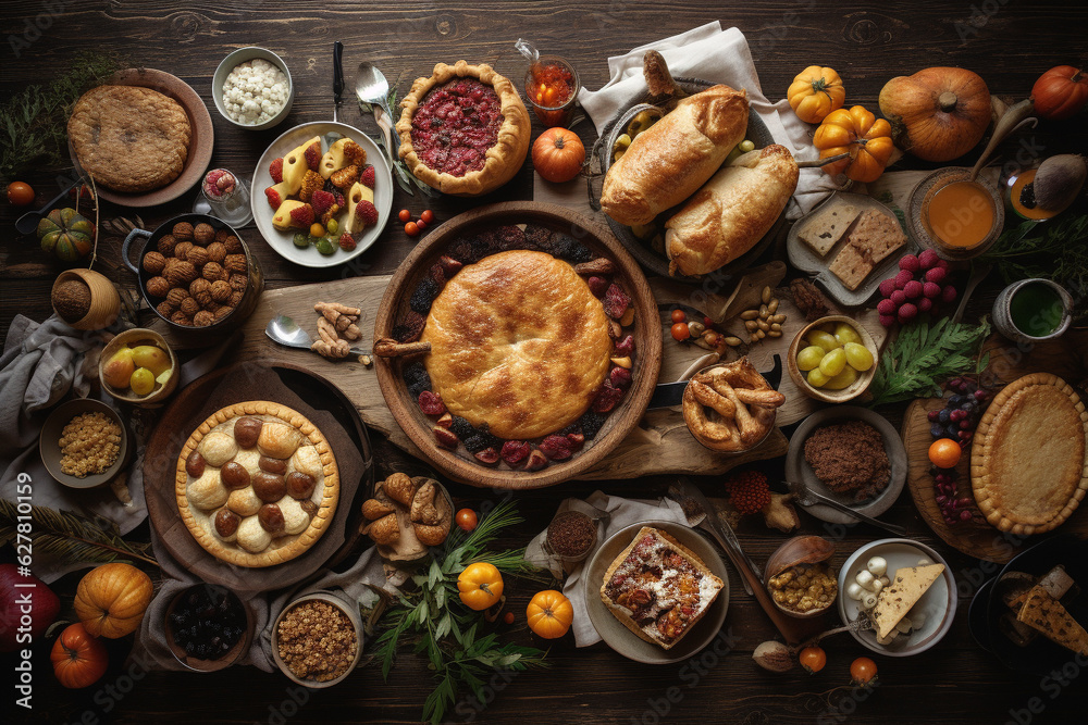Thanksgiving festive food on wooden table. Generative AI