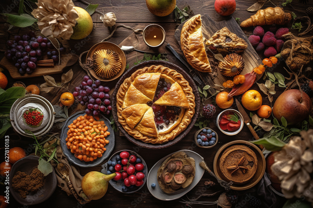 Thanksgiving festive food on wooden table. Generative AI