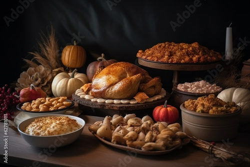 Thanksgiving or Christmas festive food on wooden table. Generative AI