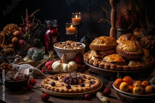 Thanksgiving or Christmas festive food on wooden table. Generative AI