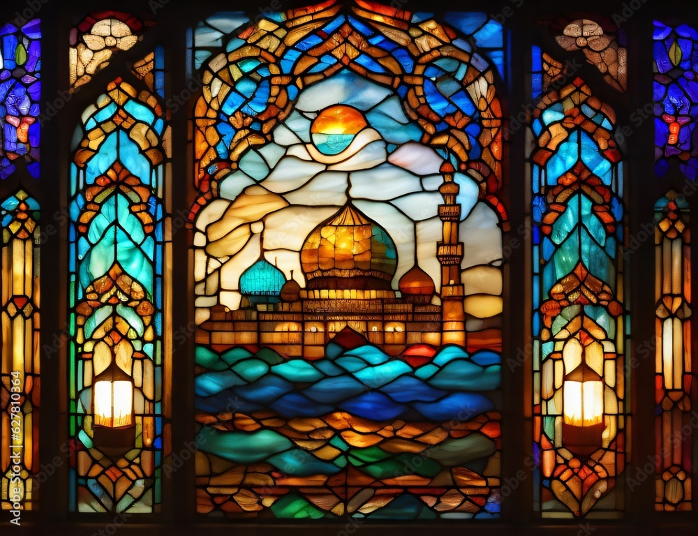 Picture illustrating a peaceful mosque backdrop with a bright lantern, ideal for Ramadan Kareem greeting pictures. Created with generative AI tools