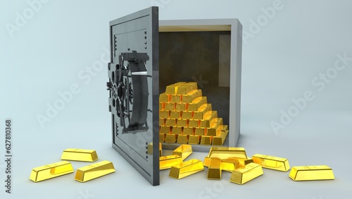 An open Safe with gold bars falling out of it. 3D render