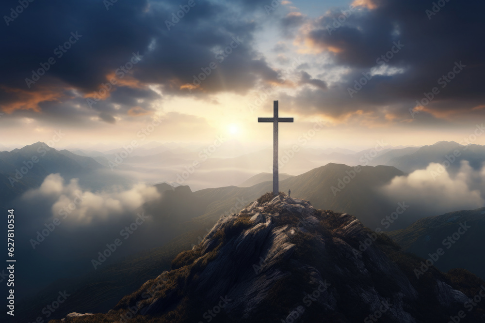 Concept of faith in God. Silhouette of a religious cross on hill in clouds. Hope for salvation, request for help to heaven Concept of faith in God. Silhouette of a religious cross on hill in clouds. Hope for salvation, request for help to heaven