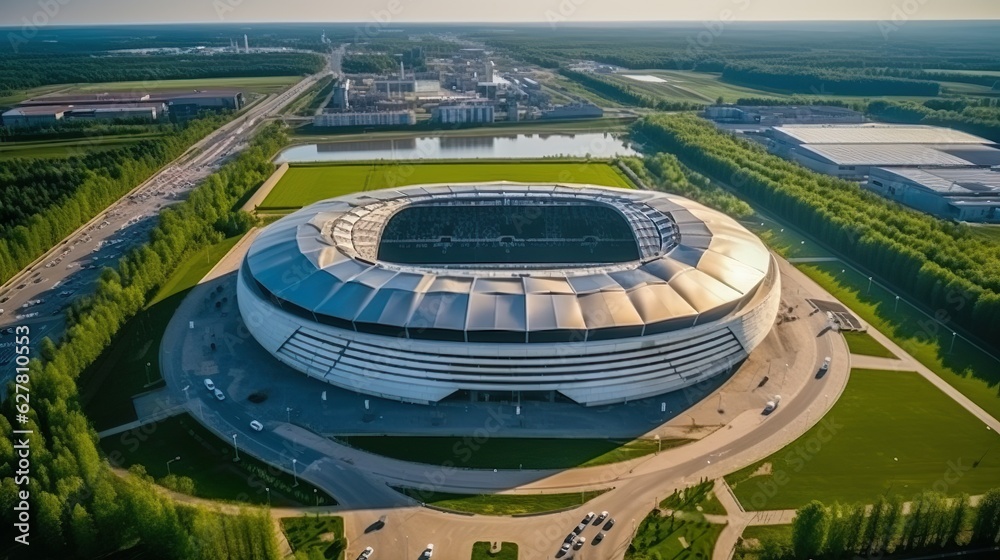 Aerial view of a Stadium made with Ai generative technology, Property is fictional