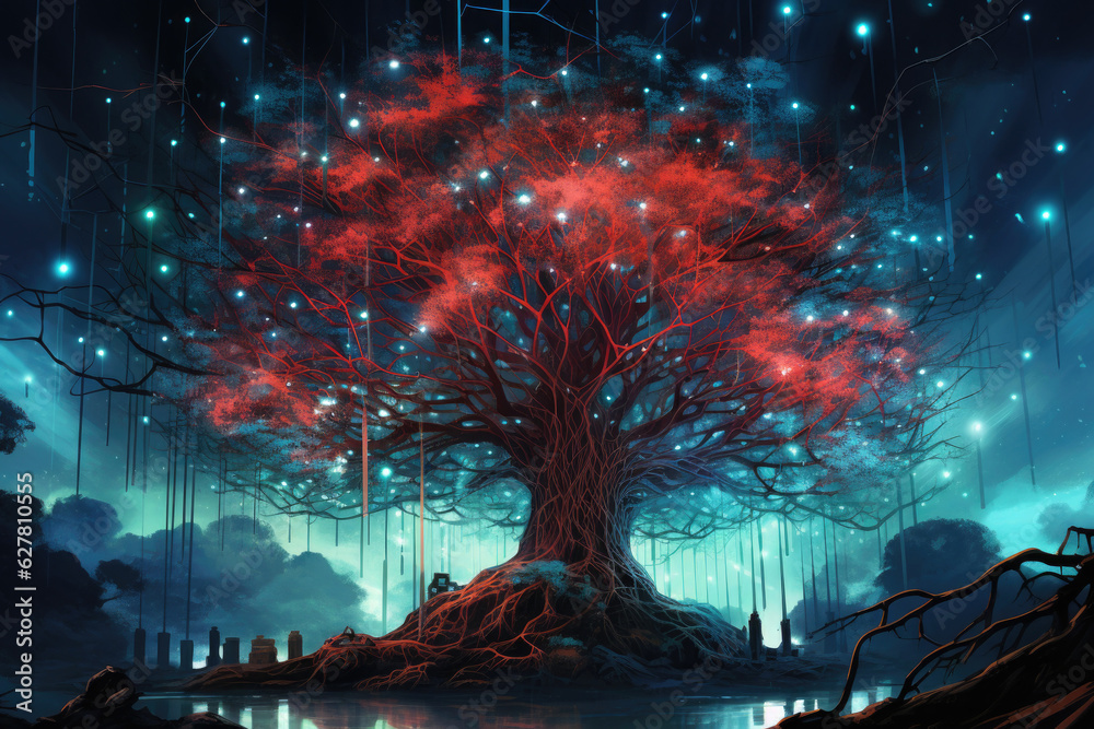 Magical tree with glowing red leaves in fantasy world. Beautiful surrealistic landscape at night. Magical tree with glowing red leaves in fantasy world. Beautiful surrealistic landscape at night.