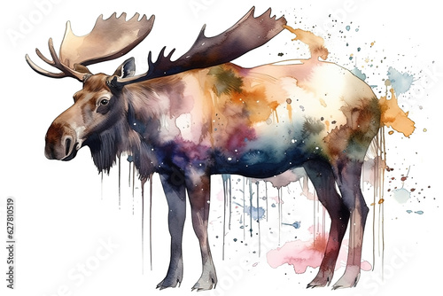 Watercolor moose illustration on white background