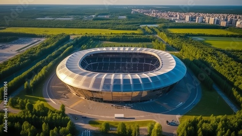 Aerial view of a Stadium made with Ai generative technology, Property is fictional