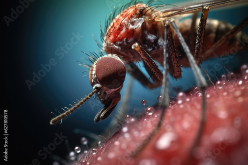 Mosquito on human skin, macro shot. Malarial mosquito that bites person and drinks blood. Spread of malaria and Zika virus photo