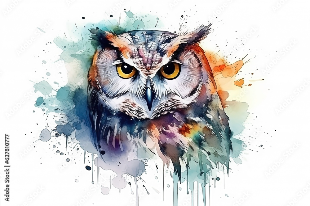 Watercolor owl portrait illustration on white background