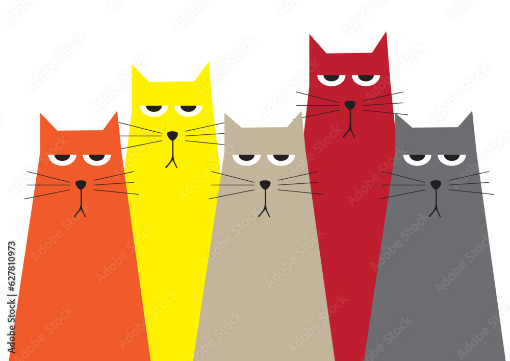 Group of five very unhappy bright colorful red orange yellow brown gray angry cats expecting foot for too long time, terrible expression