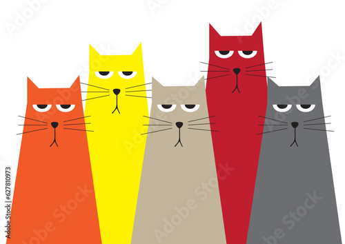 Obraz na płótnie Group of five very unhappy bright colorful red orange yellow brown gray angry cats expecting foot for too long time, terrible expression w salonie