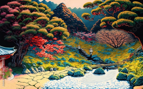 illustration of beautiful Japanese garden 