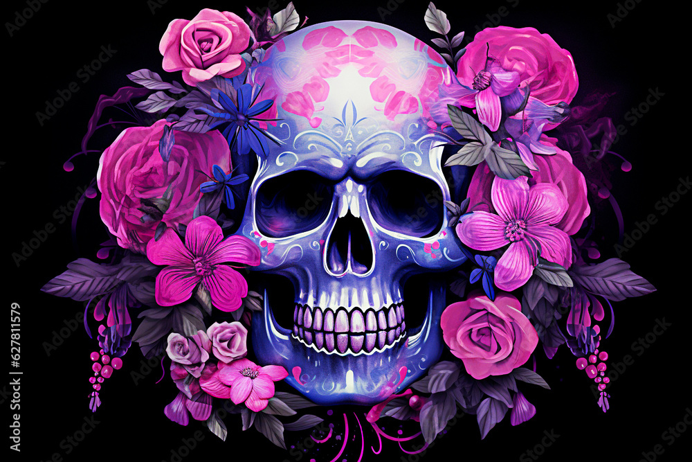 Skull with floral ornament on a black background illustration. selective focus. Skull with floral ornament on a black background illustration. selective focus.