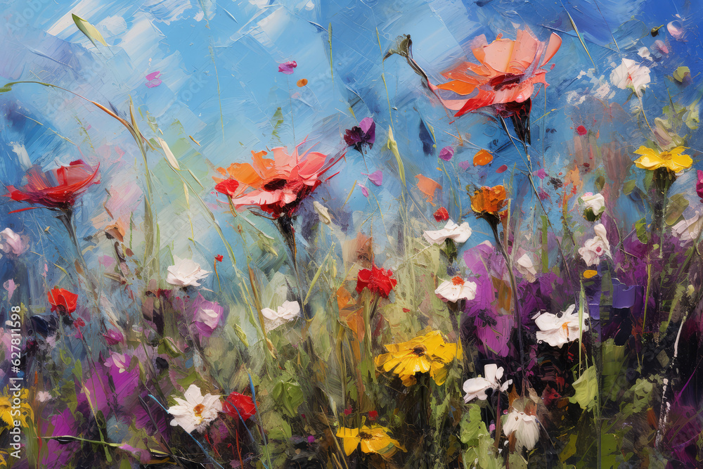 Vibrant Blooms: Energetic Brushstrokes in a Field of Joyful Flowers Created with Generative AI	