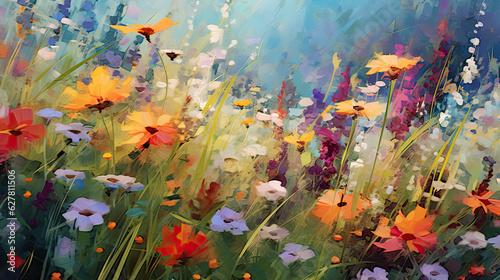 Vibrant Blooms: Energetic Brushstrokes in a Field of Joyful Flowers Created with Generative AI 