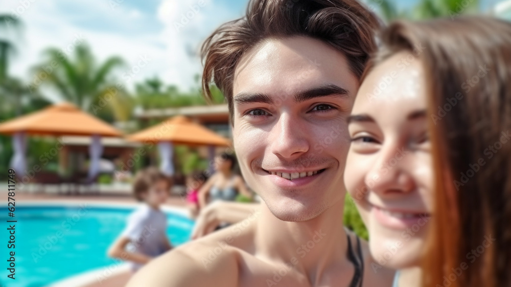 Teenage girl and boy or young adult couple, take photo selfie at swimming pool, smiling smirk, happy, on tropical summer vacation, palm trees, fun and rest and sunny day, fictional place