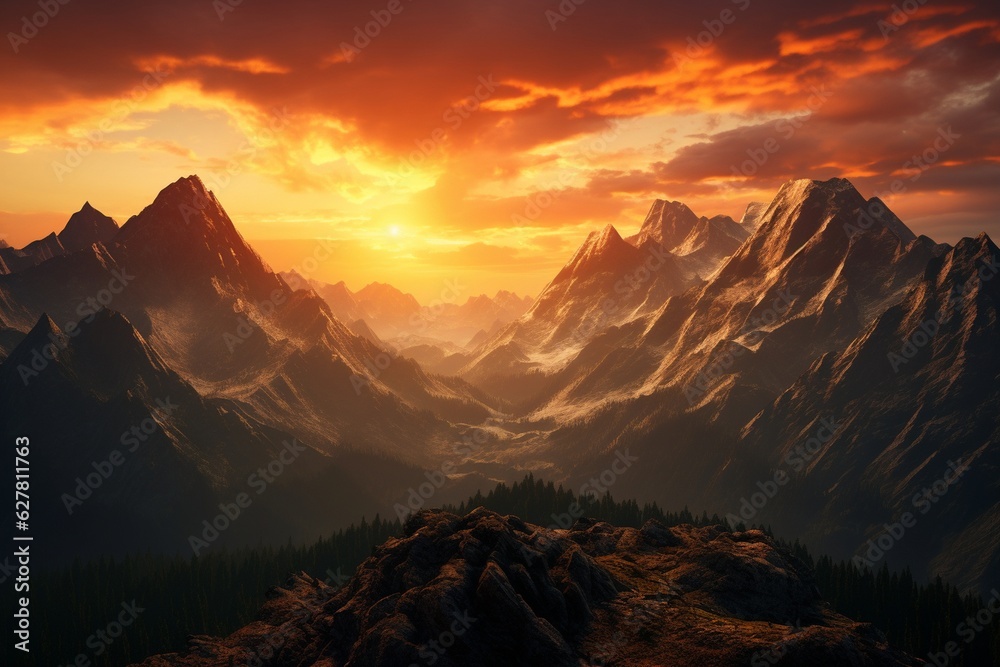 Photography of mountain landscapes with stunning views at sunset, Generative AI
